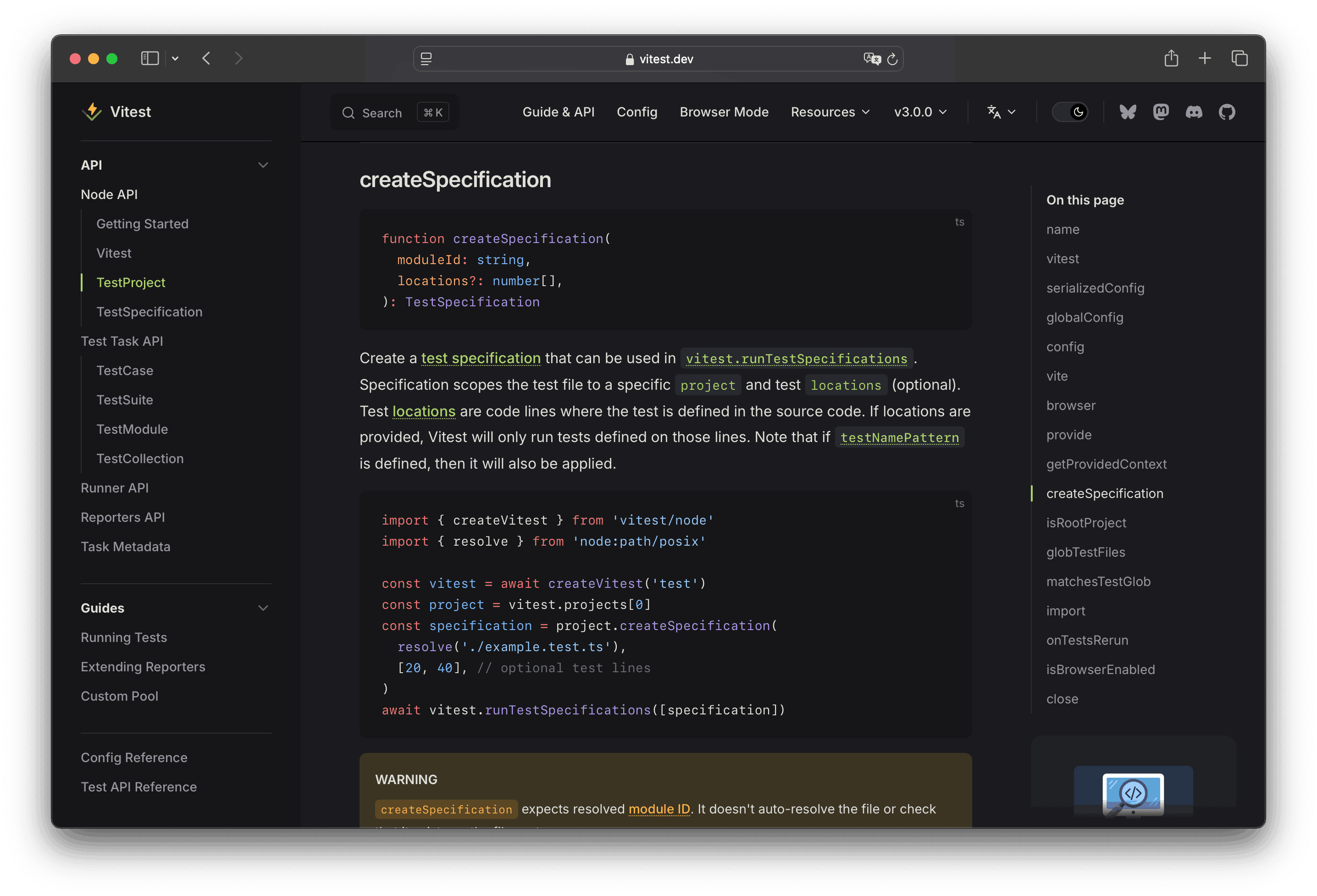 Vitest API documentation